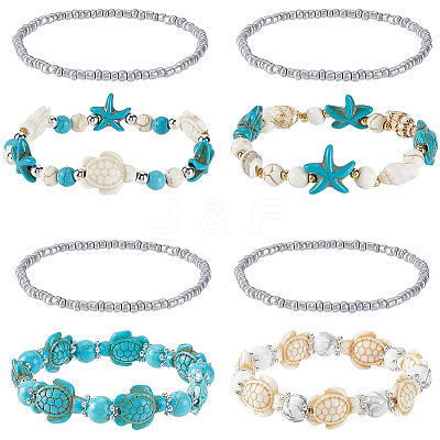 8Pcs Turtle & Starfish Synthetic Turquoise Beaded Stretch Bracelet BJEW-SC0001-46-1