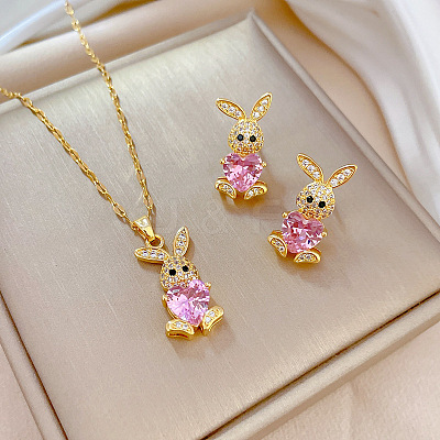 Brass Micro Pave Cubic Zirconia Pendant Necklace & Stud Earrings WG7AC39-13-1