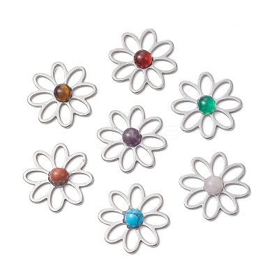 201 Stainless Steel Pave Gemstone Flower Cabochons PALLOY-JF03492-1