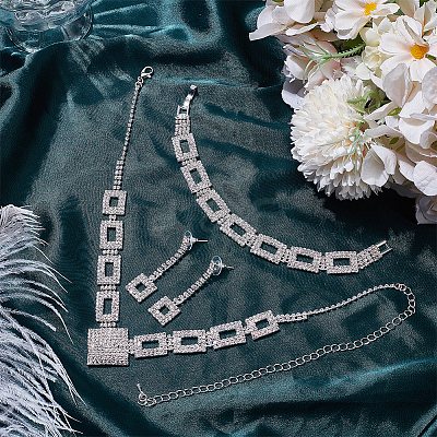 1 Bag Rhombus & Square Crystal Rhinestone Stud Earrings & Chain Necklaces & Bracelets SJEW-UN0001-26-1
