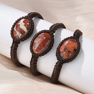 Adjustable Oval Natural Red Jasper Braided Bead Bracelets BJEW-H626-02-13-1