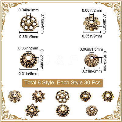 240Pcs 8 Styles Tibetan Style Alloy Flower Beads Caps FIND-SP0001-64-1