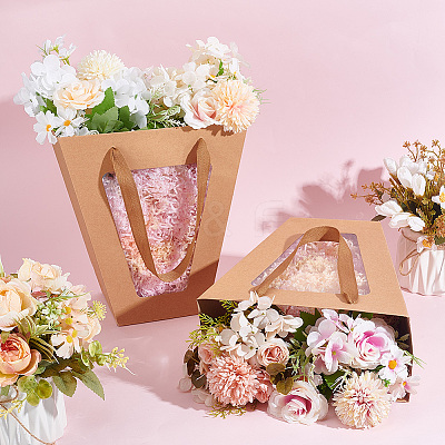 Trapezoid Paper Flower Gift Tote Bags with Plastic Visible Window ABAG-WH0045-25A-1