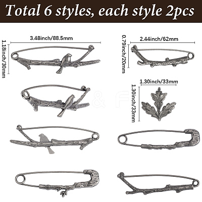 12Pcs 6 Styles Branch/Leaf Zinc Alloy Kilt Pins JEWB-SC0001-58-1