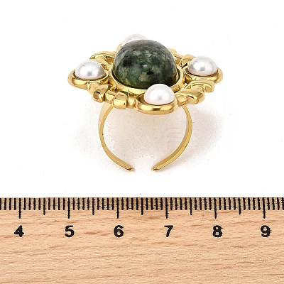 304 Stainless Steel with Natural Gemstone and Plastic Imitation Pearl Adjustable Cuff Rings for Women RJEW-Z096-02G-02-1