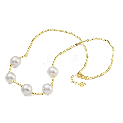 Rack Plating Brass & ABS Plastic Pearl Round Beads Bib Necklaces for Women NJEW-C059-03G-1
