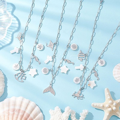 3Pcs 3 Styles Alloy Fish Tail Octopus & Natural White Shell Pendant Brass Paperclip Chain Necklaces for Women NJEW-JN05406-1