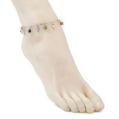 3Pcs 3 Colors Handmade Evil Eye Lampwork & 304 Stainless Steel Cross Tassel Bar Link Chain Anklets for Women AJEW-AN00741-1