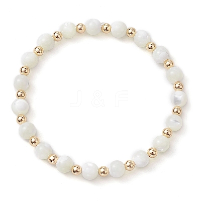 Round Natural Sea Shell Beaded Stretch Bracelets with Brass Beads for Women Men BJEW-JB10278-1