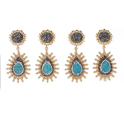 Natural Druzy Agate Dangle Stud Earrings EJEW-F232-37G-1