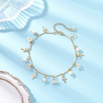Natural White Moonstone Chip & Round Shell Pearl Cross Tassel Anklets AJEW-AN00716-03-1