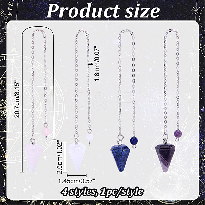 4Pcs 4 Styles Natural Blue Spot Jasper & Rose Quartz & Amethyst & Quartz Crystal Dowsing Pendulums NJEW-ME0001-20-1