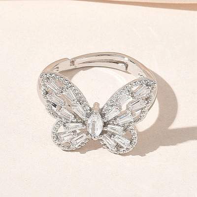 Adjustable Brass Butterfly Finger Rings with Clear Cubic Zirconia CU-CBA7E55-18P-01-1