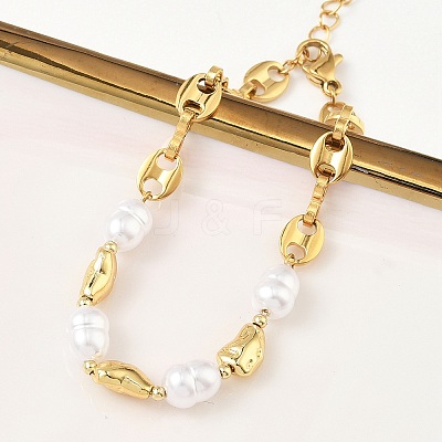 Nuggets 304 Stainless Steel & ABS Plastic Imitation Pearl Chain Bracelets BJEW-A169-07G-1