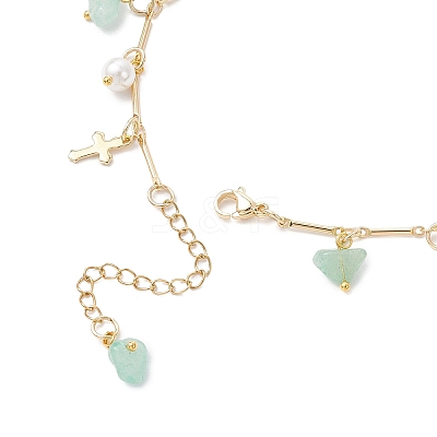 Natural Green Aventurine Chip & Round Shell Pearl Cross Tassel Anklets AJEW-AN00716-02-1