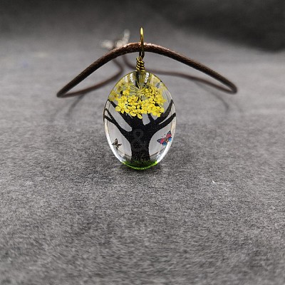 Alloy Wire Wrapped Oval Glass Inner Dried Flower Tree Pendant Waxed Cord Necklaces for Women FS-WG6B63C-16-1