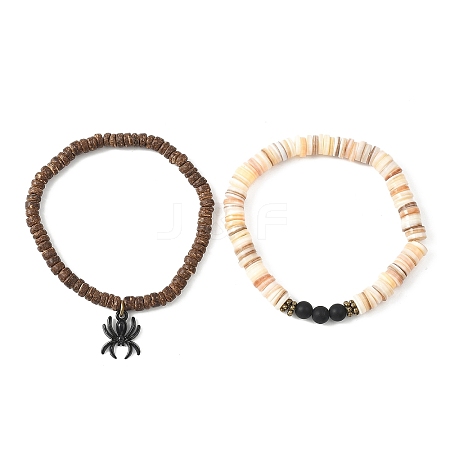 2Pcs Natural Black Agate & Coconut & Shell Beads Stretch Bracelets BJEW-JB12673-1