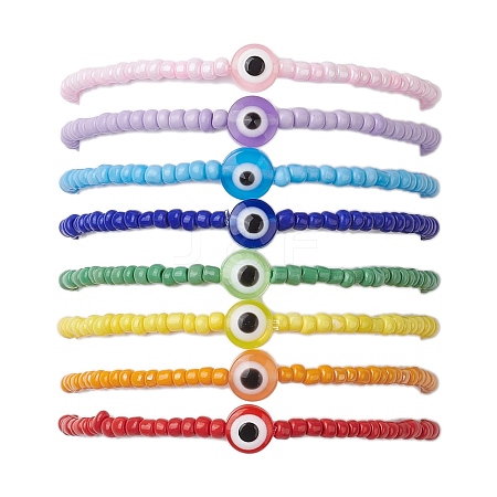 8pcs 8 Colors Resin Evil Eye & Glass Seed Beaded Stretch Bracelet Sets BJEW-JB10527-1