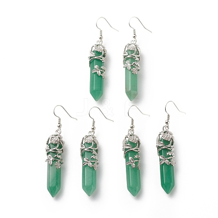 Natural Green Aventurine Bullet with Flower Dangle Earrings EJEW-G300-02P-07-1