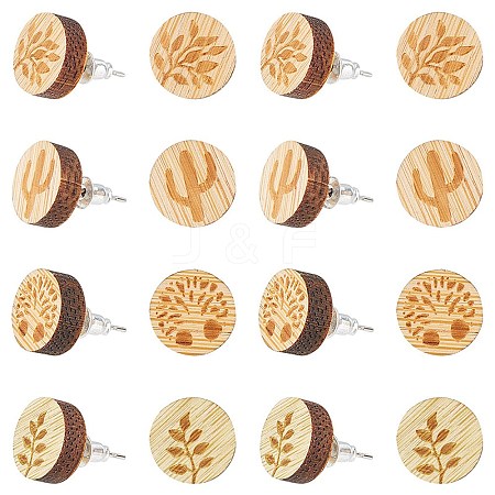 SUNNYCLUE 8 Pairs 4 style Natural Wood Flat Round Stud Earrings EJEW-SC0001-47-1