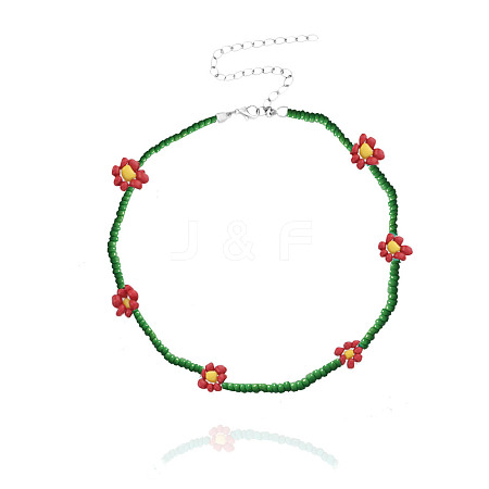 Bohemian Daisy Flower Glass Seed Beaded Necklaces with Alloy End Chains FS-WGC49A6-09-1
