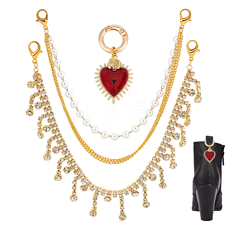 4Pcs Iron Rhinestone & Brass Boot Strap Chains and 2Pcs Heart Alloy Enamel Shoes Charms HJEW-DR00260-1