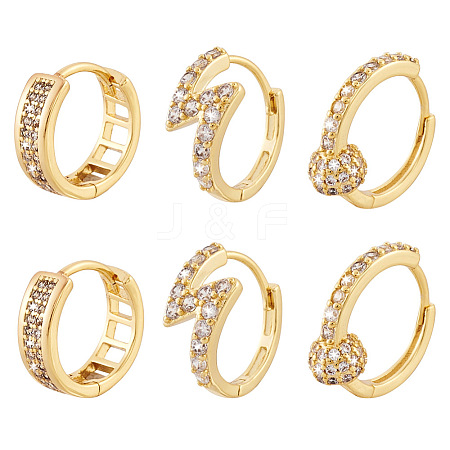  Jewelry 3 Pairs 3 Style Round & Lightning Bolt & Square Cubic Zirconia Huggie Hoop Earrings EJEW-PJ0001-03-1