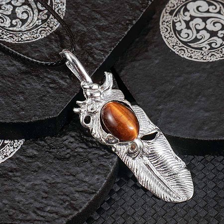 Vintage Natural Tiger Eye Alloy Feather Pendant Necklace for Women Men AO2435-2-1