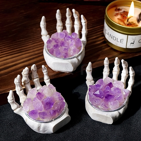 Halloween Theme Natural Amethyst Cluster on Resin Skeleton Hand PW-WG84B0A-01-1