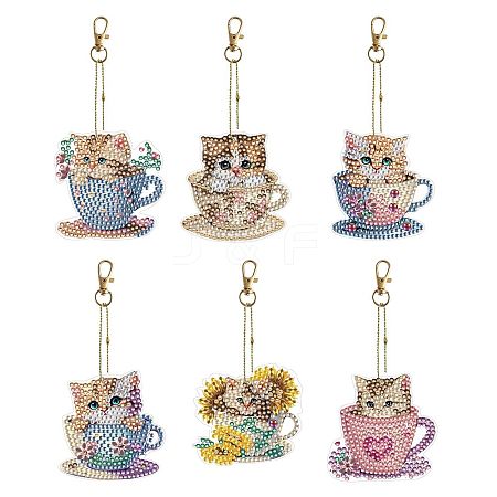 6Pcs Cat DIY Diamond Painting Keychain Kit PW-WG36976-01-1