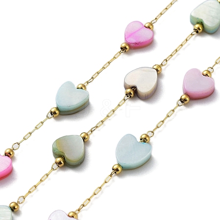 Colorful Natural Shell Heart & Brass Beaded Link Chains CHS-C008-04G-1