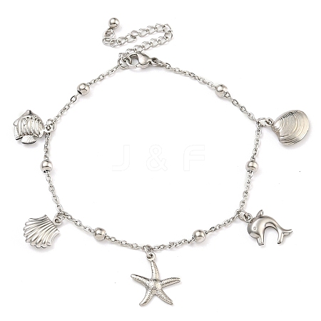 Tarnish Resistant Summer Beach 304 Stainless Steel Cable Chains Shell & Starfish Charm Bracelets BJEW-P334-07P-1