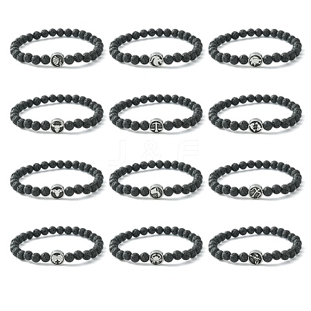 12Pcs 12 Style Twelve Constellations 304 Stainless Steel & Natural Lava Rock Beaded Stretch Bracelets Set BJEW-JB09463-1