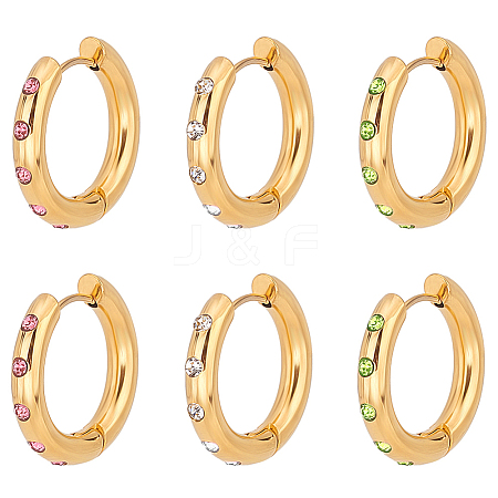   3Pairs 3 Colors Real 18K Gold Plated 304 Stainless Steel Huggie Hoop Earrings with Cubic Zirconia EJEW-PH0001-27-1