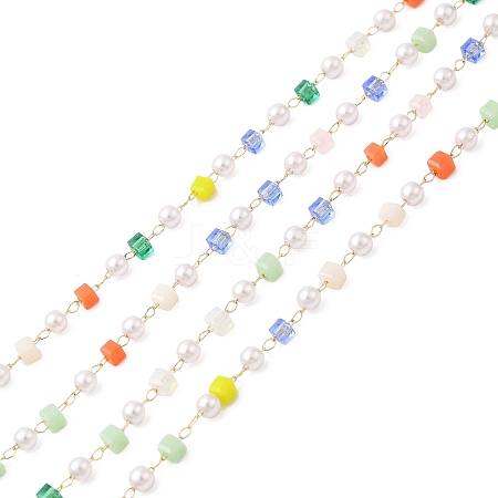 Faceted Cube Glass & ABS Plastic Imitation Pearl Beaded Chains CHS-G026-02KCG-03-1-1