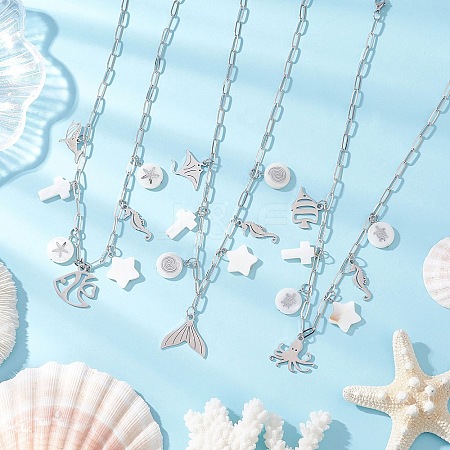 3Pcs 3 Styles Alloy Fish Tail Octopus & Natural White Shell Pendant Brass Paperclip Chain Necklaces for Women NJEW-JN05406-1