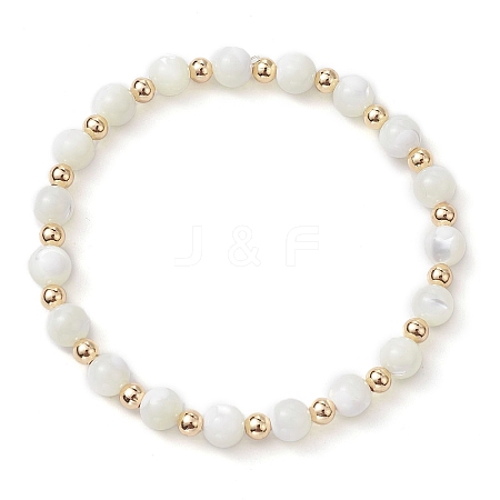 Round Natural Sea Shell Beaded Stretch Bracelets with Brass Beads for Women Men BJEW-JB10278-1