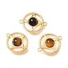 Natural Tiger Eye & Natural Shell Brass Flat Round Links Connector Charms KK-N289-16G-01-1