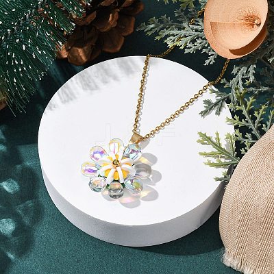 Glass & Handmade Polymer Clay & Glass Seed Beaded Flower Pendant 304 Stainless Steel Cable Chain Necklaces NJEW-MZ00119-01-1