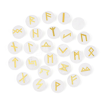 Brass Elder Futhark Alphabet Engraved Symbol Flat Round Natural Quartz Crystal Rune Stones G-I373-01B-1