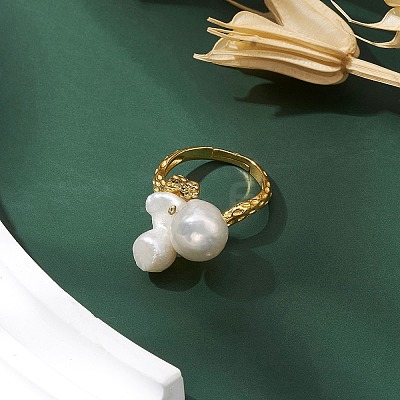 Round Natural Pearl Adjustable Rings RJEW-P113-06G-1
