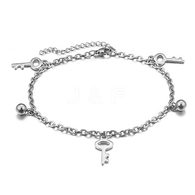 Key and Round Ball Charm 304 Stainless Steel Cable Chain Anklets for Women FS-WGBFDD0-02-1
