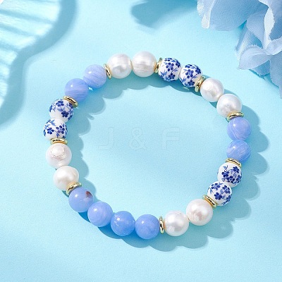 Natural Blue Lace Agate & Cultured Freshwater Pearl & Handmade Porcelain Ceramic Beads Stretch Bracelets for Women BJEW-JB13085-1