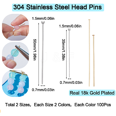 400Pcs 4 Styles 304 Stainless Steel Flat Head Pins STAS-SC0005-78-1