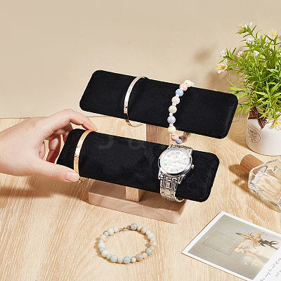 Velvet 2 Tier T-Bar Bracelet Display Stands with Wooden Base BDIS-WH0010-08C-1