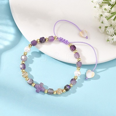 Natural Amethyst Faceted Cube Braided Bead Bracelets BJEW-JB14379-01-1