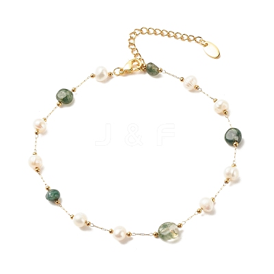 Natural Moss Agate & Pearl Beaded Anklet AJEW-AN00500-01-1