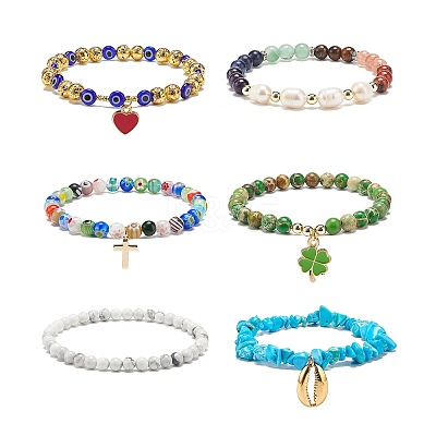 6Pcs 6 Style Natural Mixed Gemstone & Pearl & Glass Beaded Stretch Bracelets Set BJEW-JB08876-1
