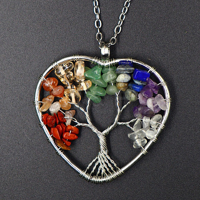 Natural Stone Chip Tree Of Life Chakra Pendant Necklaces FS-WG982AE-04-1