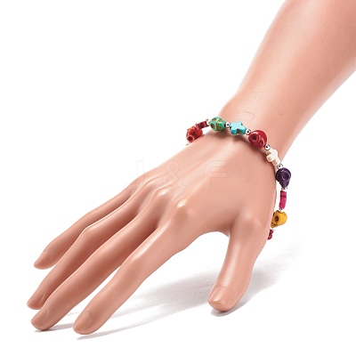 Synthetic Turquoise(Dyed) Cross & Skull Beaded Stretch Bracelet BJEW-JB08452-02-1